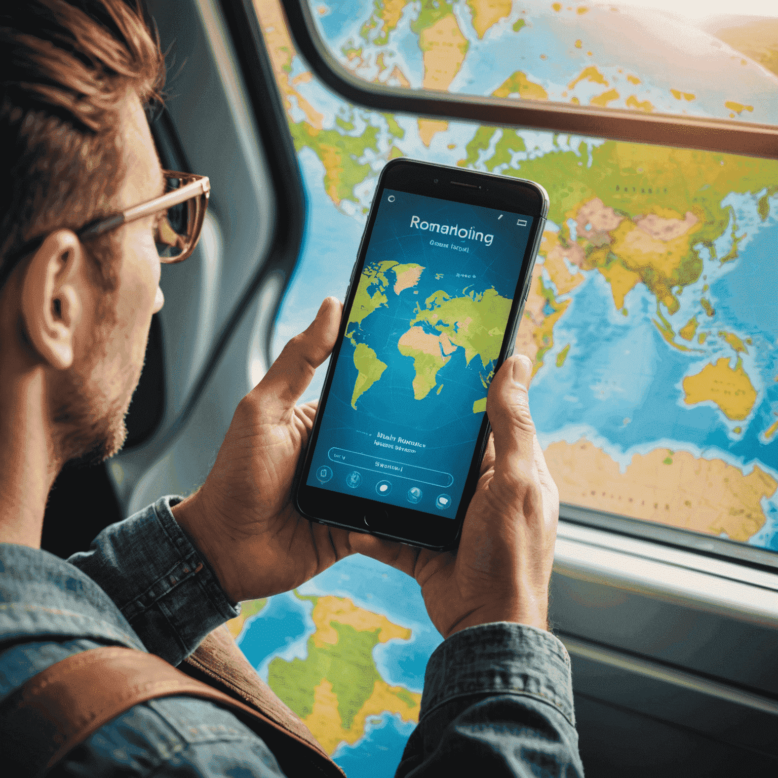 A person using a smartphone while traveling, with a world map in the background representing international roaming coverage