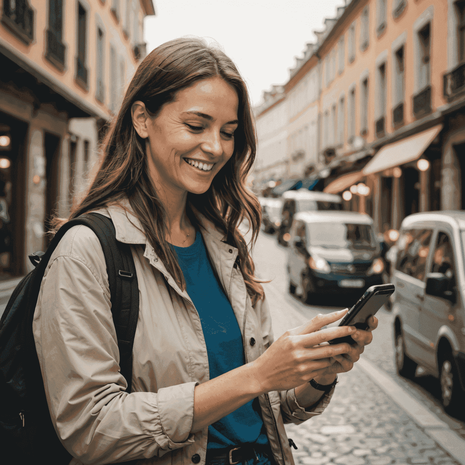 Woman using smartphone while traveling abroad, smiling and looking at phone screen with map or travel app open