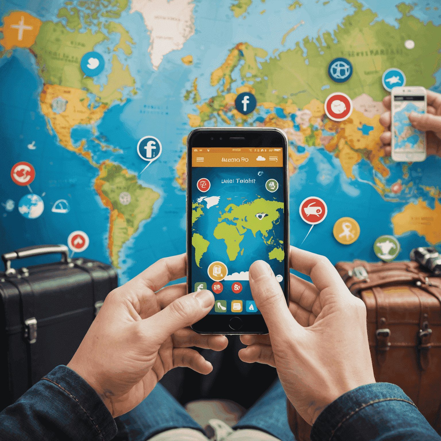 A person using a smartphone while traveling, with a world map and various travel icons in the background