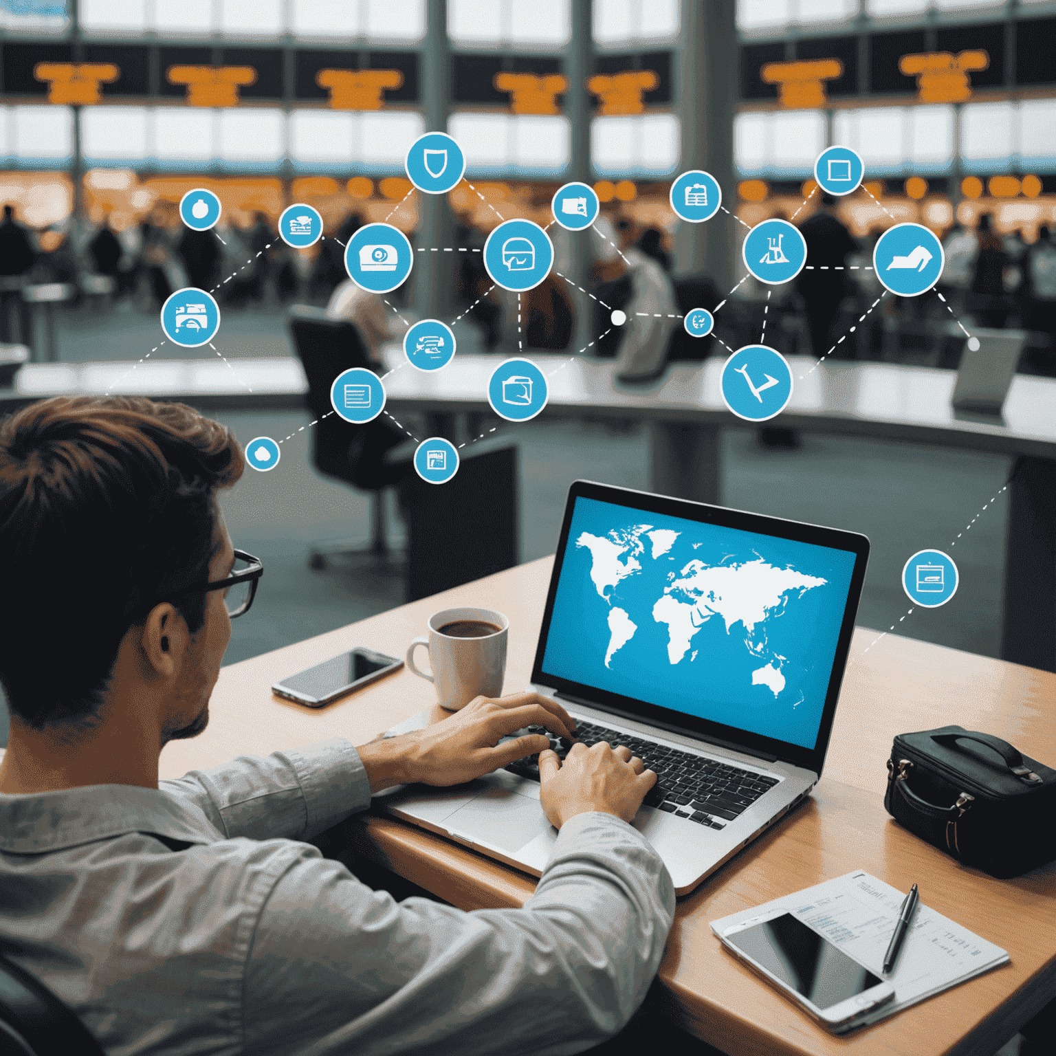 A person using a laptop while sitting at an airport, with various travel-related icons surrounding them