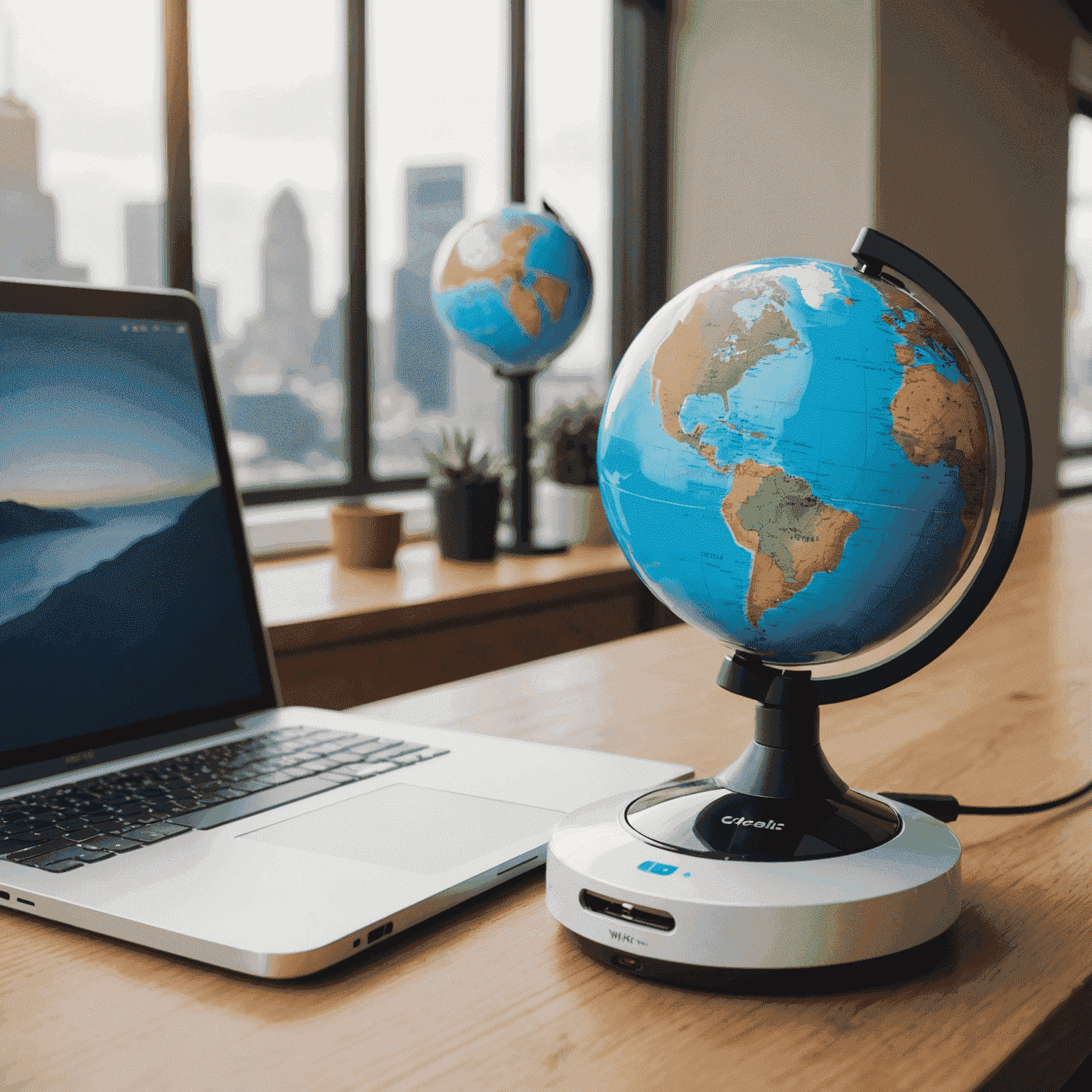 A portable WiFi hotspot device with a globe in the background, illustrating global WiFi hotspot rental service